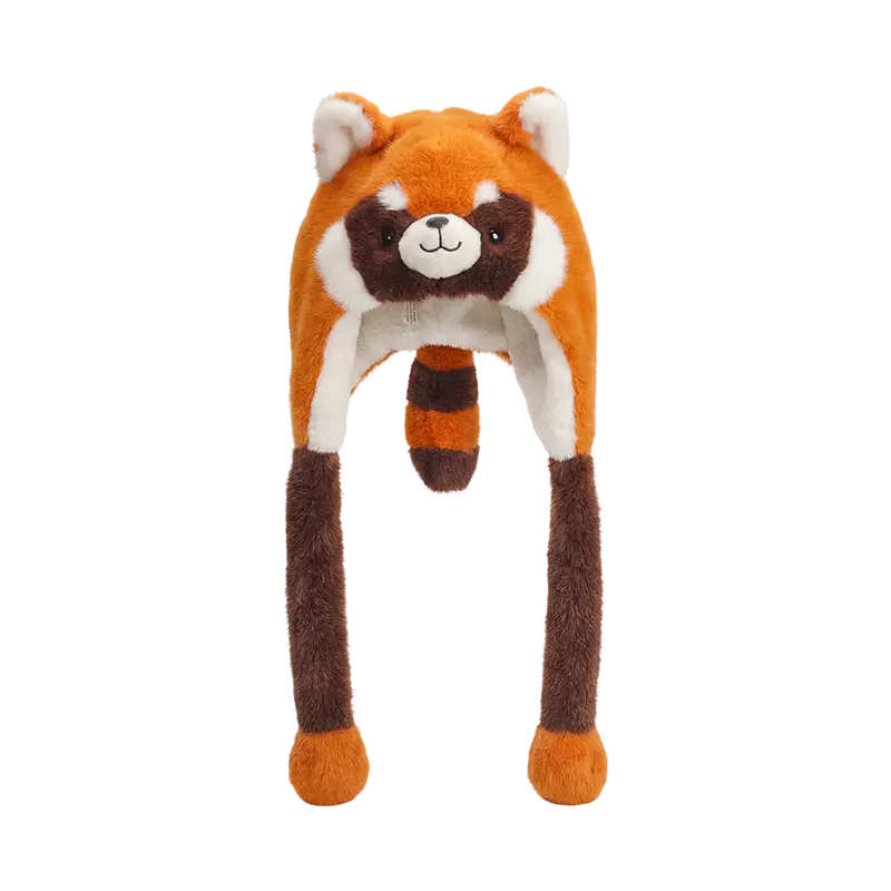 Kahverengi kırmızımsı panda peluş şapka